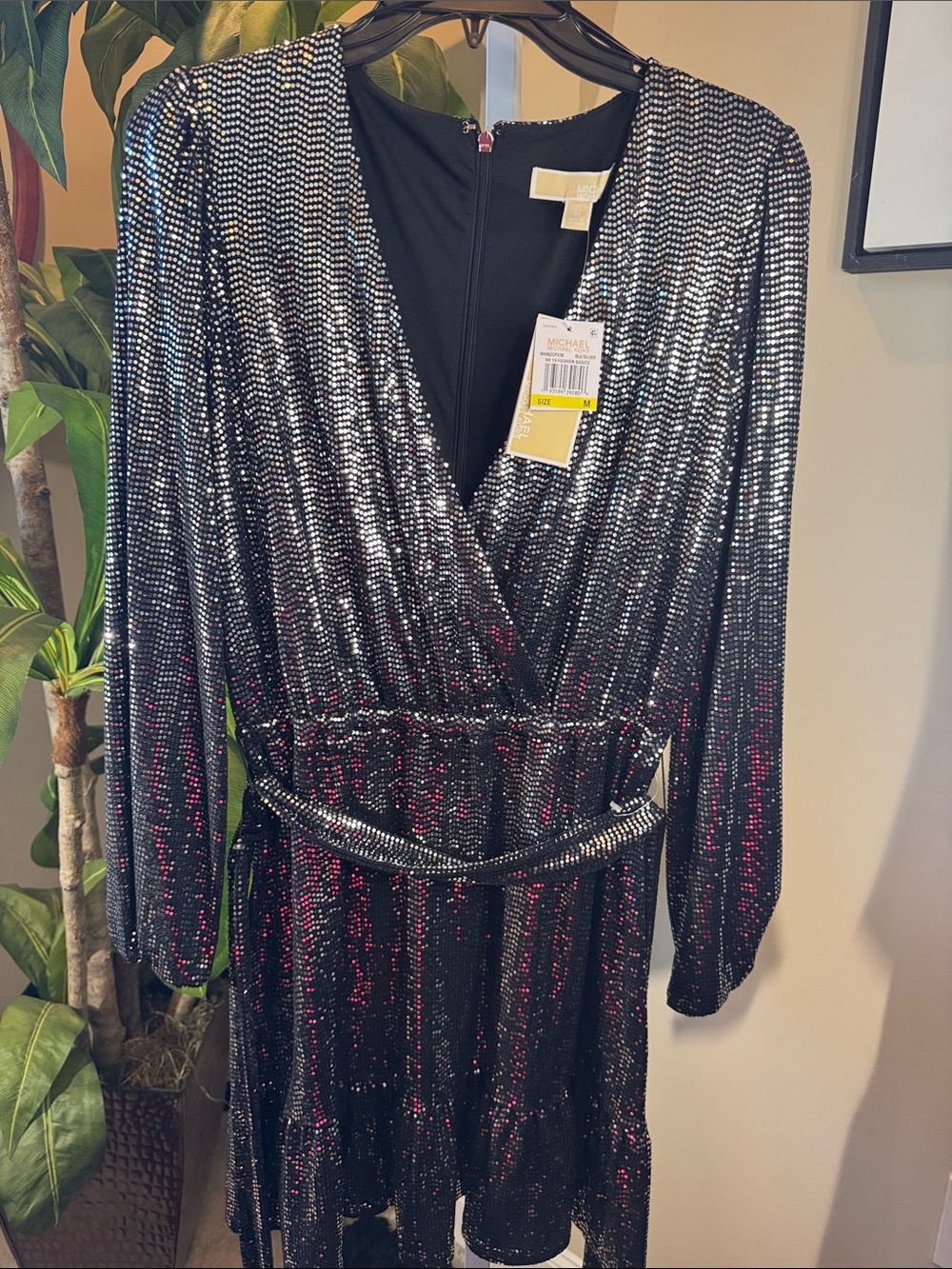 Michael Kors Black Sequin Wrap Dress W/ Belt, Zip-back, open. Size M, New W/ Tag